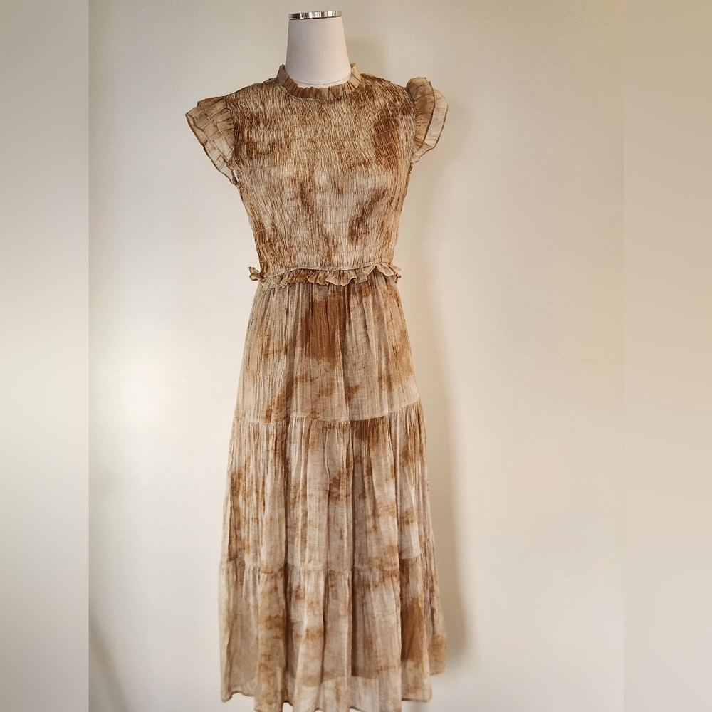 || MOON RIVER || dress, smocking, tiered, size small, gray/tan, midi